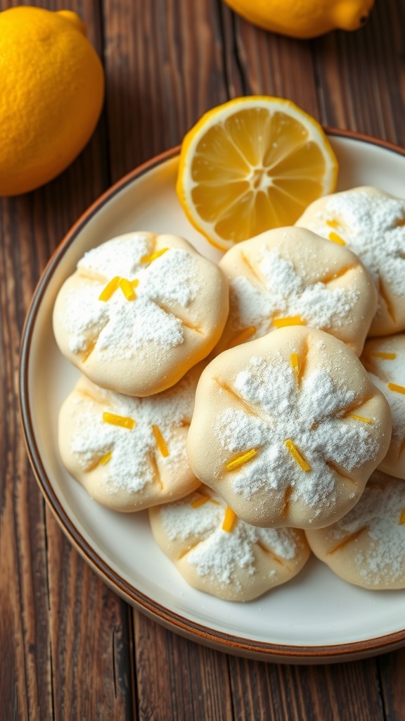 Soft lemon cookies dusted with powdered sugar, served on a plate with a lemon half.